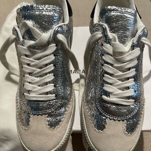 Isabel Marant Silver Metallic & White Leather Sneakers